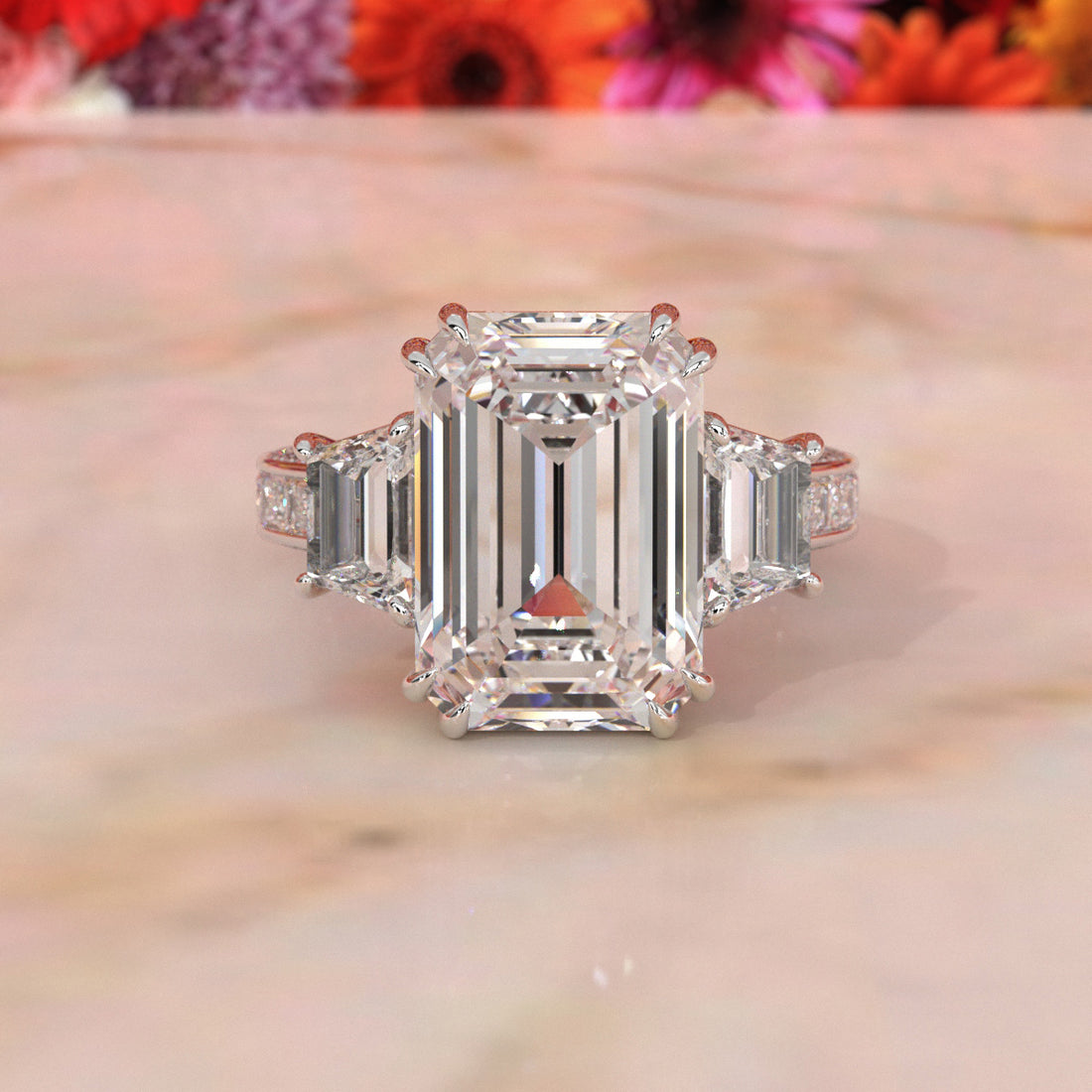 3 Stone Emerald Lab Grown Diamond Engagement Ring IGI 14k White Gold 6.57 Ctw.