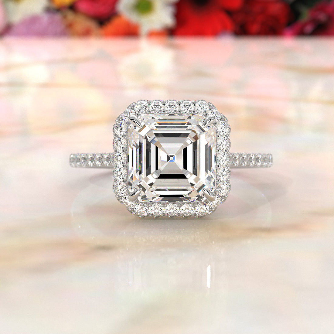 Double Halo Asscher  Lab Grown Diamond French Pave Set Engagement Ring