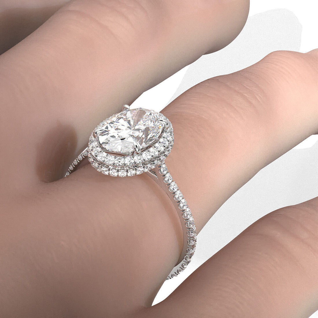 French U Cut Pave Set Double Halo Lab Grown Oval Diamond Engagement Ring