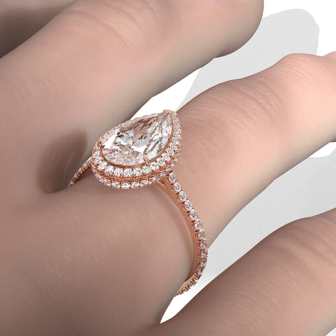 Double Halo Lab Grown Pear Diamond French Pave Set Engagement Ring