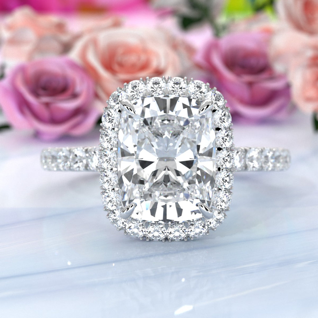 French Pave Set Halo Lab Grown Diamond Engagement Ring 2.59 Ctw.