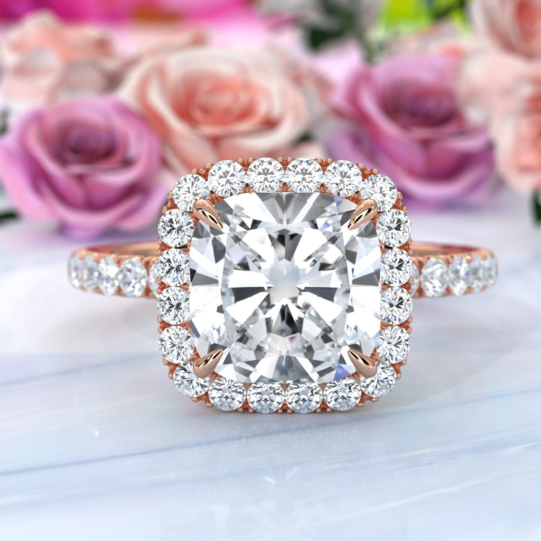 French Pave Set Halo Lab Grown Diamond Engagement Ring 2.59 Ctw.