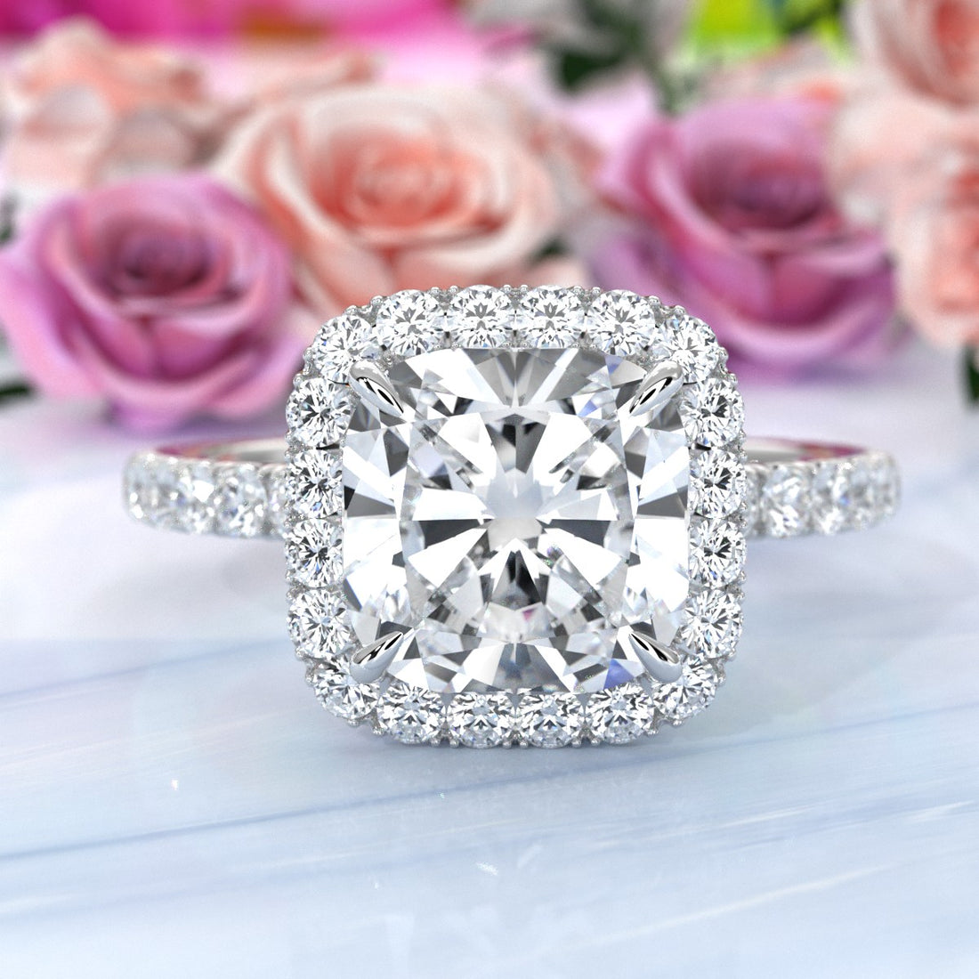 French Pave Set Halo Lab Grown Diamond Engagement Ring 2.59 Ctw.