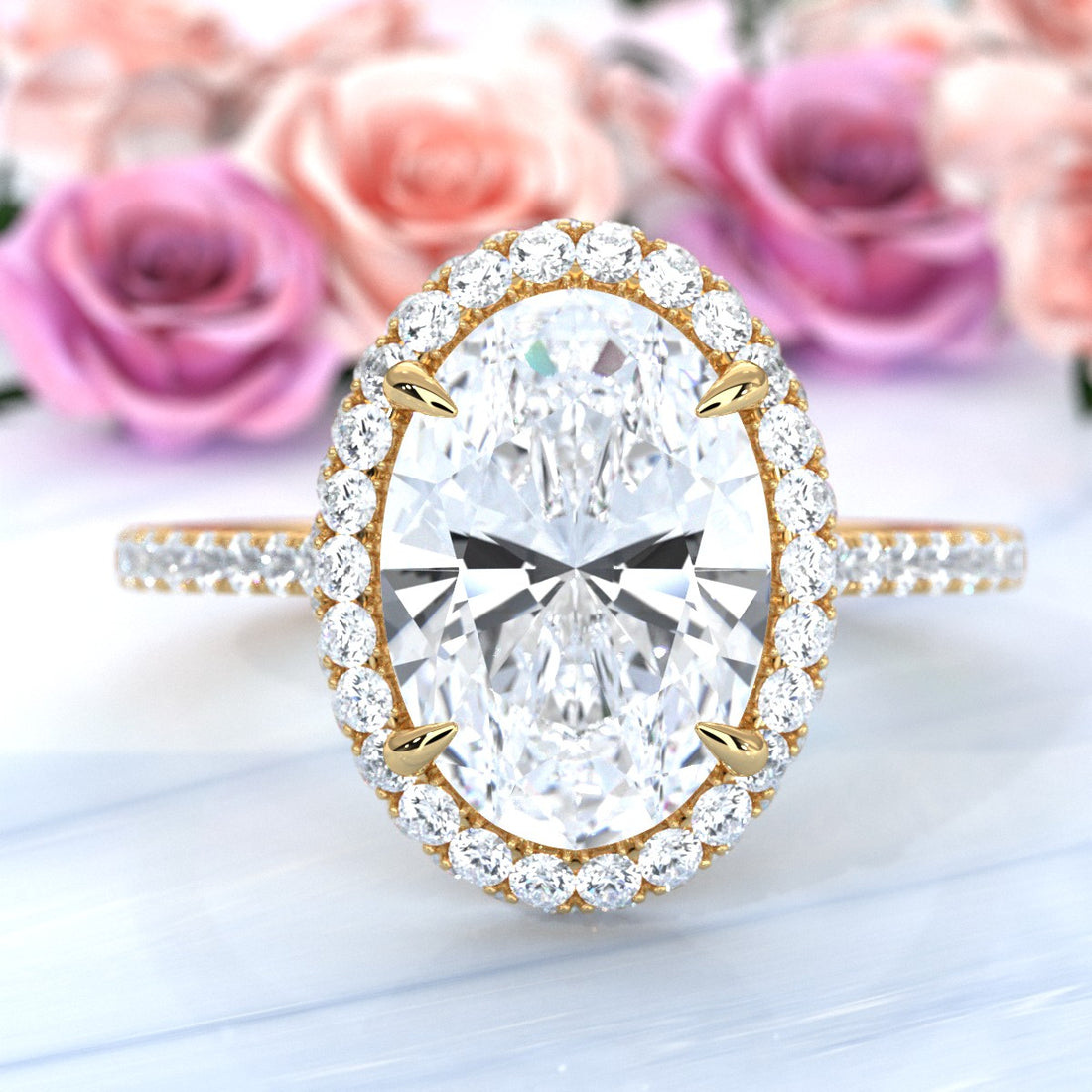 French Pave Set Halo Lab Grown Diamond Engagement Ring 2.59 Ctw.