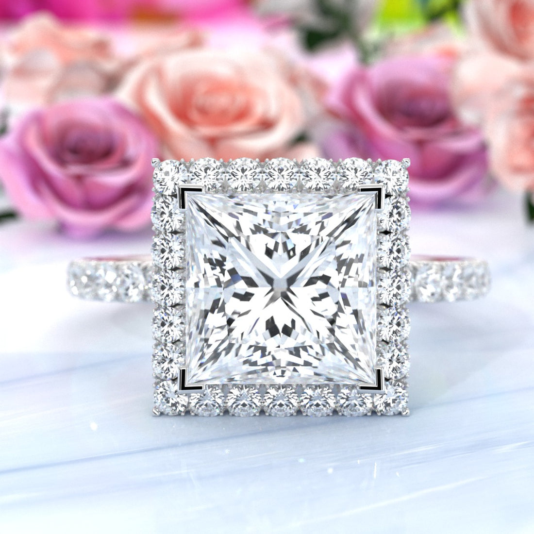 French Pave Set Halo Lab Grown Diamond Engagement Ring 2.59 Ctw.