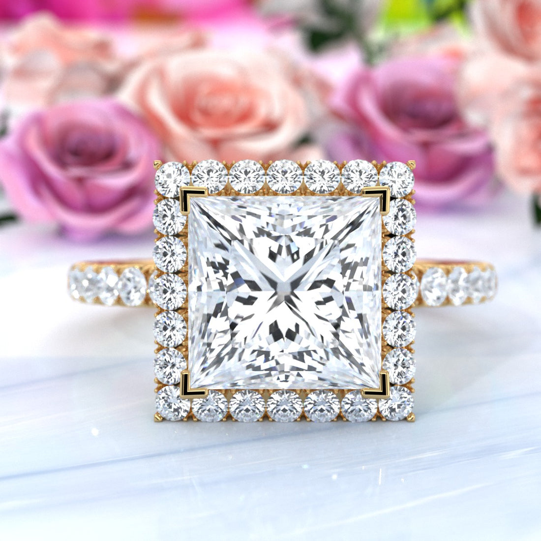 French Pave Set Halo Lab Grown Diamond Engagement Ring 2.59 Ctw.