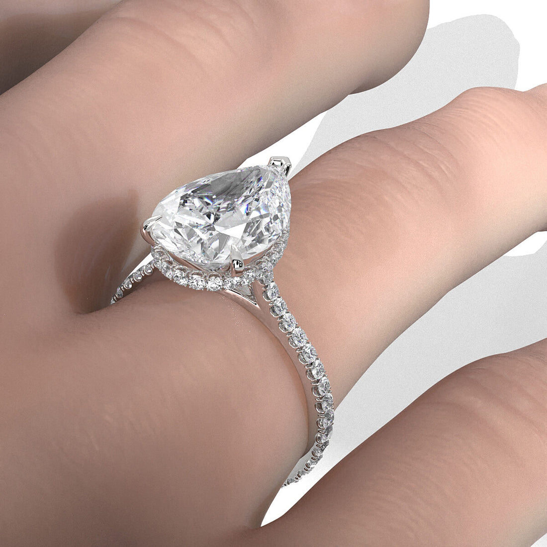 Cathedral Pear Halo French U Pave Set Diamond Engagement Ring