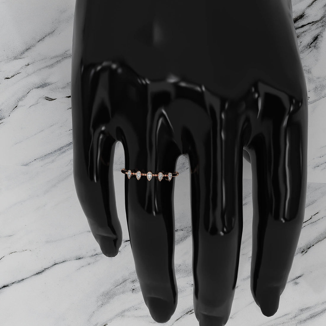 Minimalist 5 Stone Pear Lab Diamond bezel Set Promise Ring 0.08ctw.