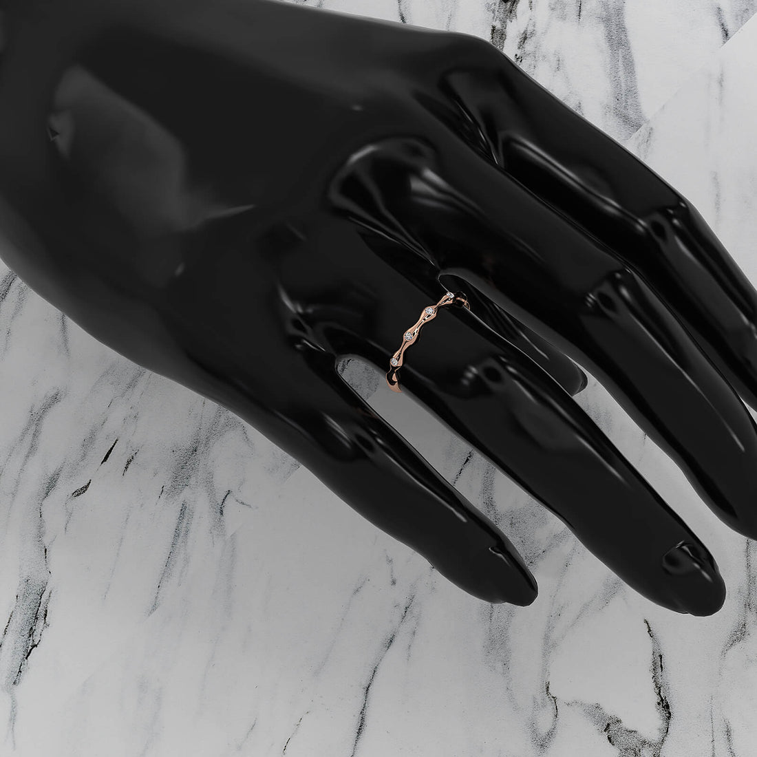 Delicate Bamboo Round Lab Diamond Bezel Set Wedding Ring 0.04ctw.