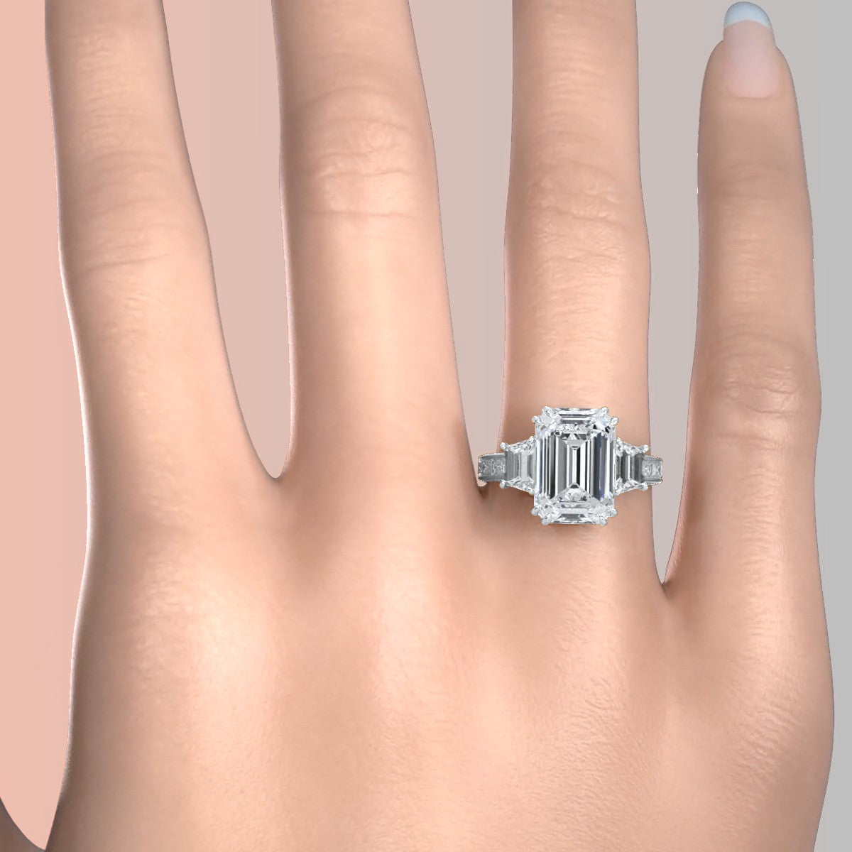 3 Stone Emerald Lab Grown Diamond Engagement Ring IGI 14k White Gold 6.57 Ctw.