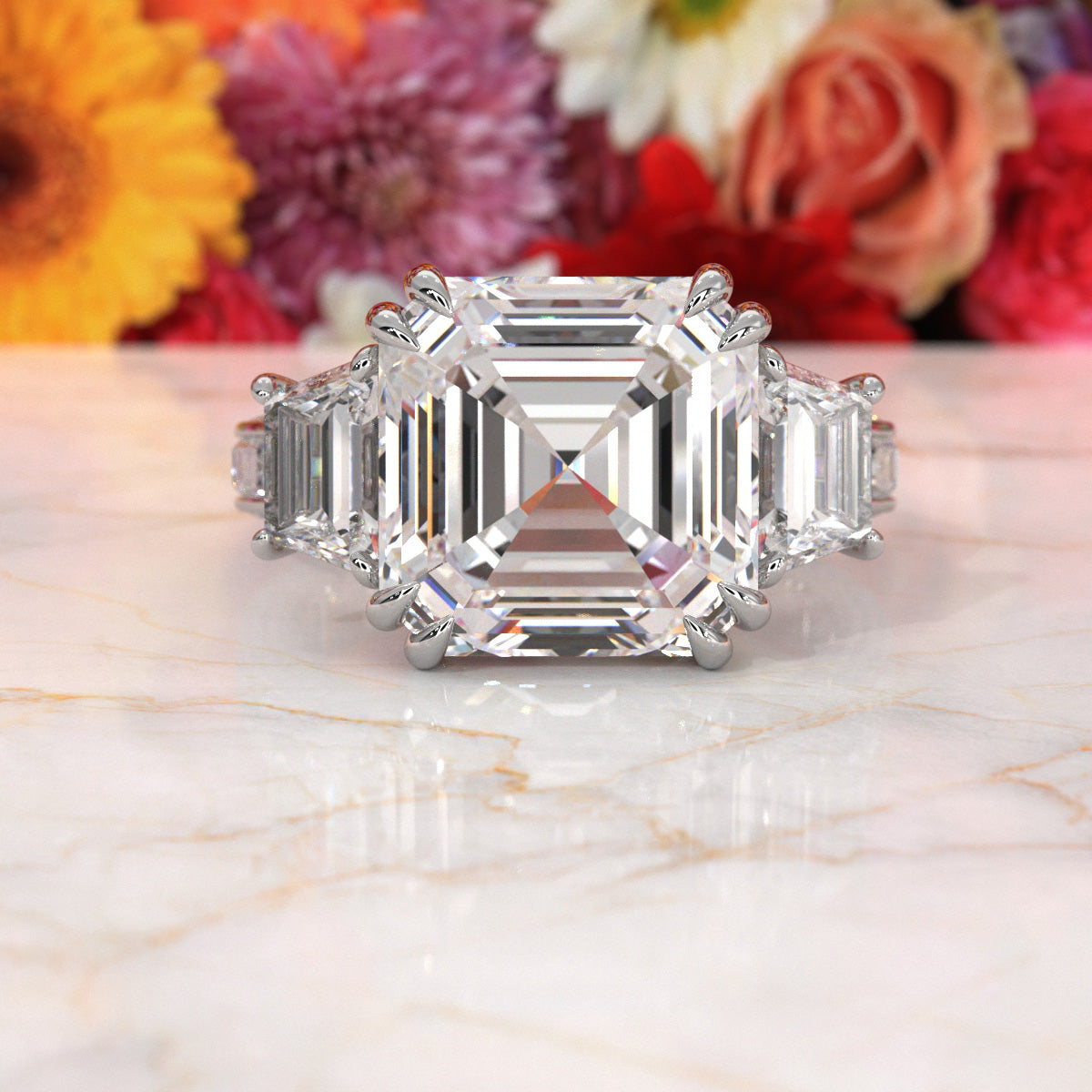 Asscher cut Lab Grown Diamond Engagement 3 Stone Ring IGI Certified 14k White Gold 8.7 Ctw.