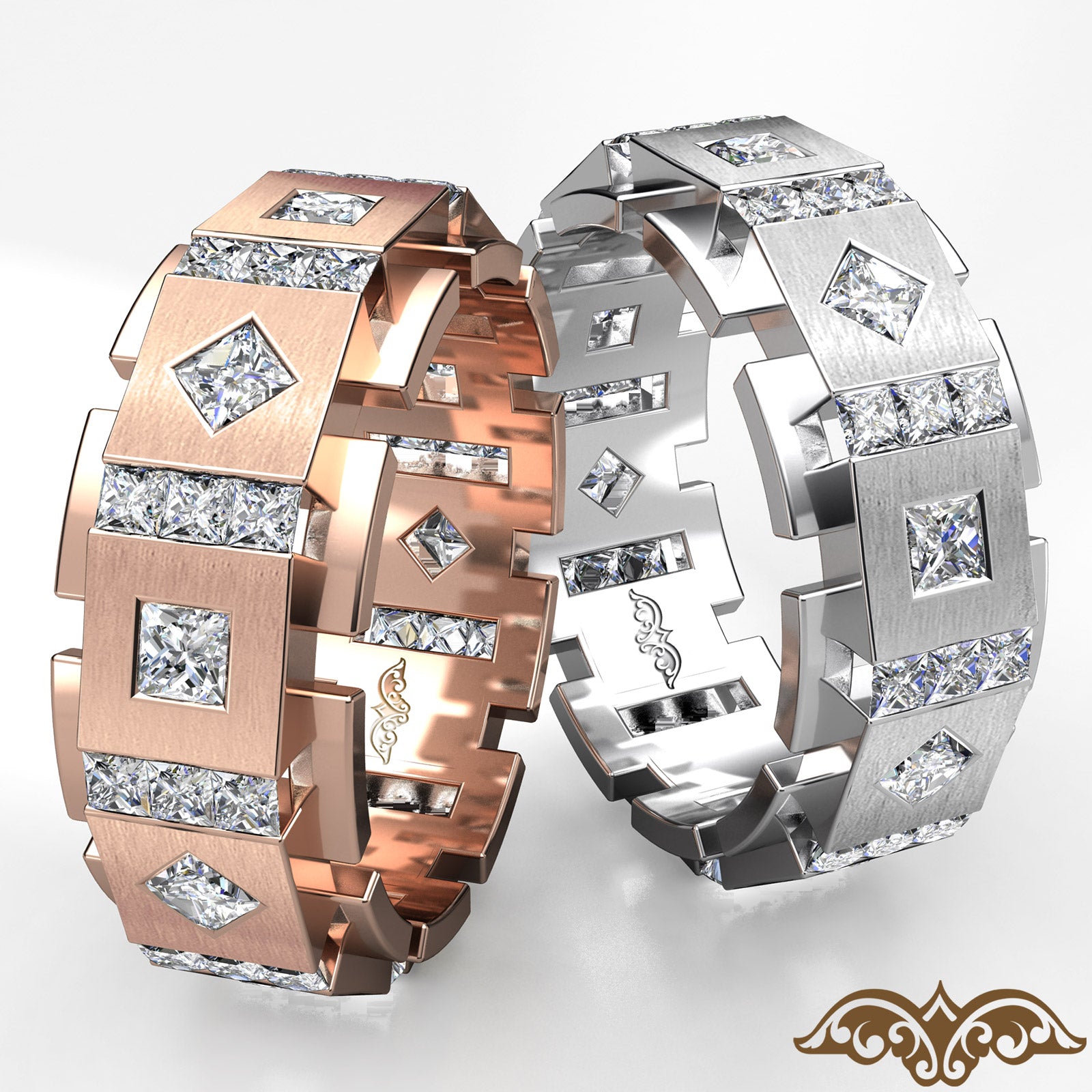 Princess Diamond Eternity Men's Wedding Band in 18k Rose Gold 3 Ctw.