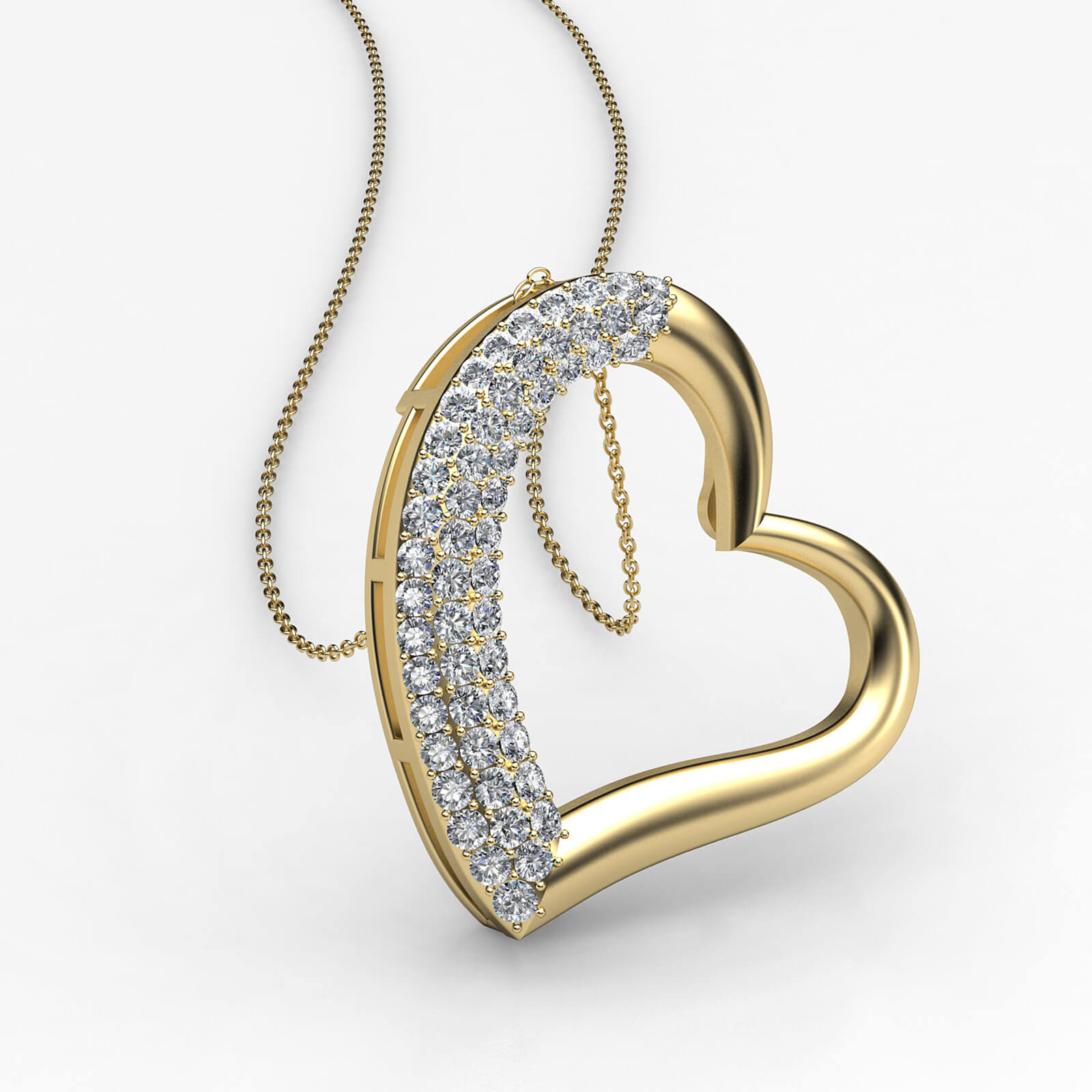 3 Row Round Diamond  Heart Pendant Necklace 18k Yellow Gold 0.30Ct