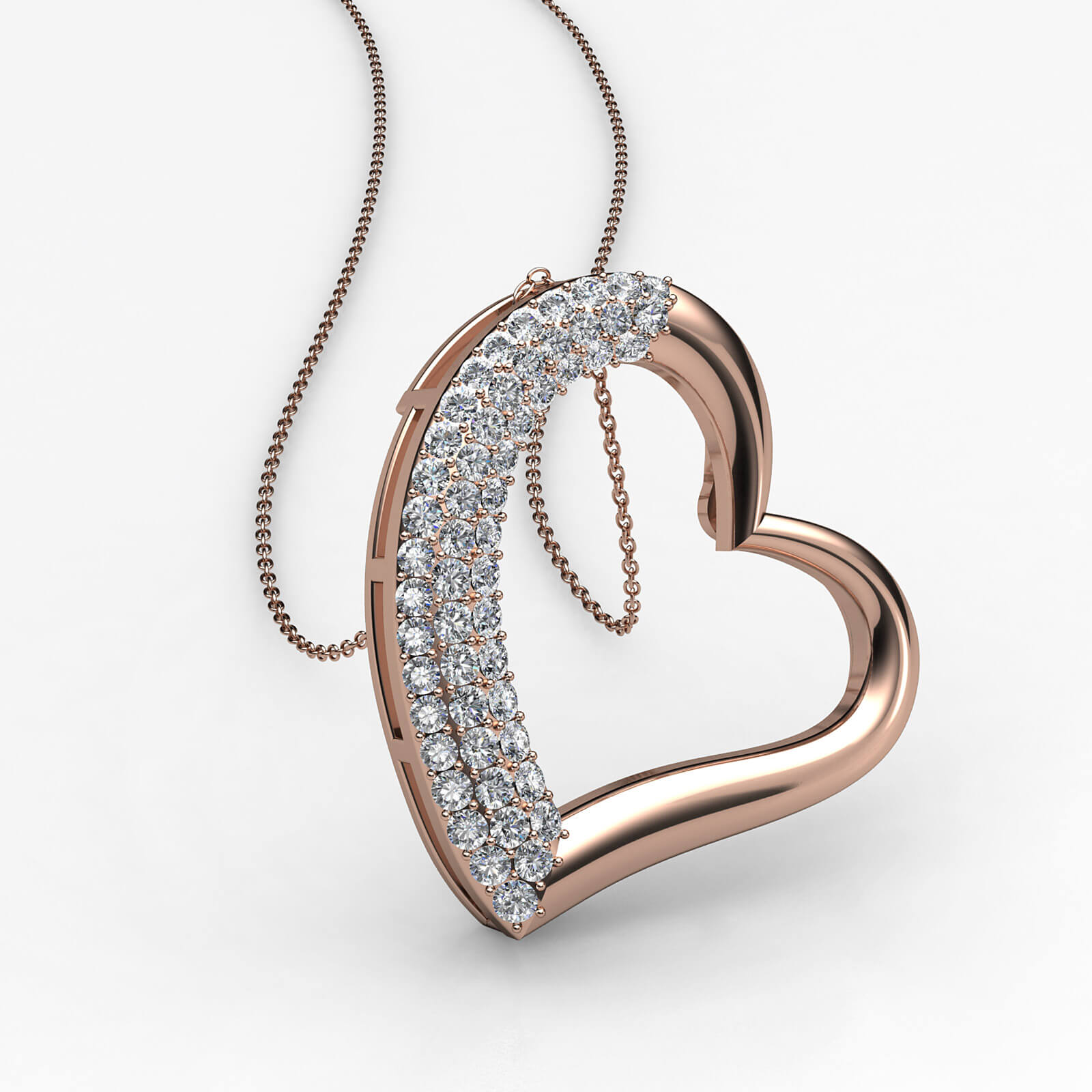 3 Row Round Diamond  Heart Pendant Necklace 18k Rose Gold 0.30Ct