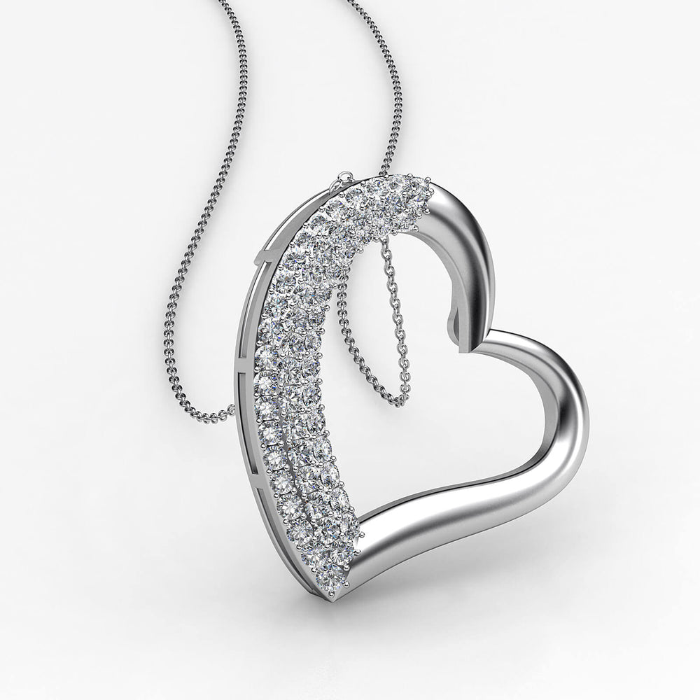 3 Row Round Diamond  Heart Pendant Necklace Platinum 0.30Ct