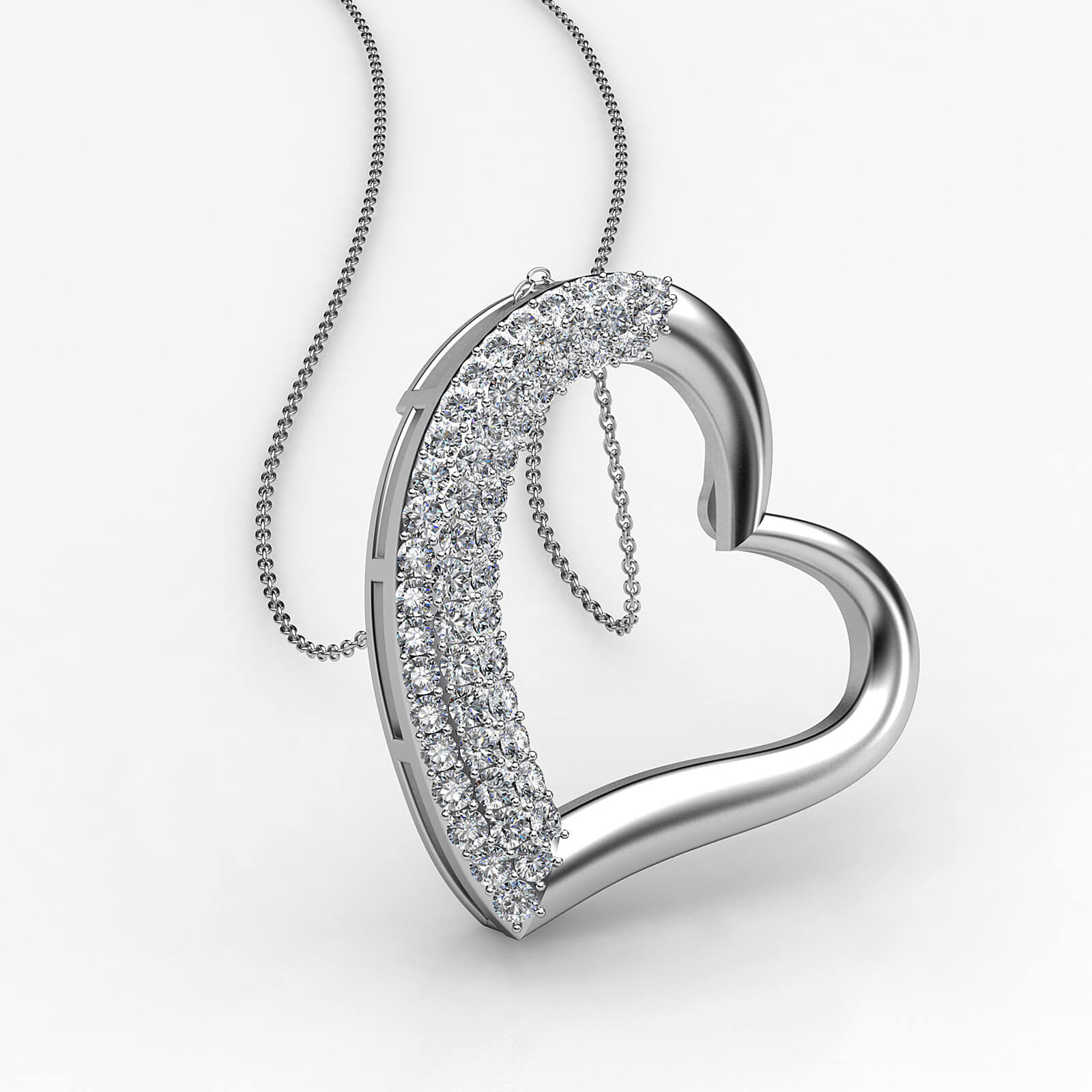 3 Row Round Diamond  Heart Pendant Necklace Platinum 0.30Ct