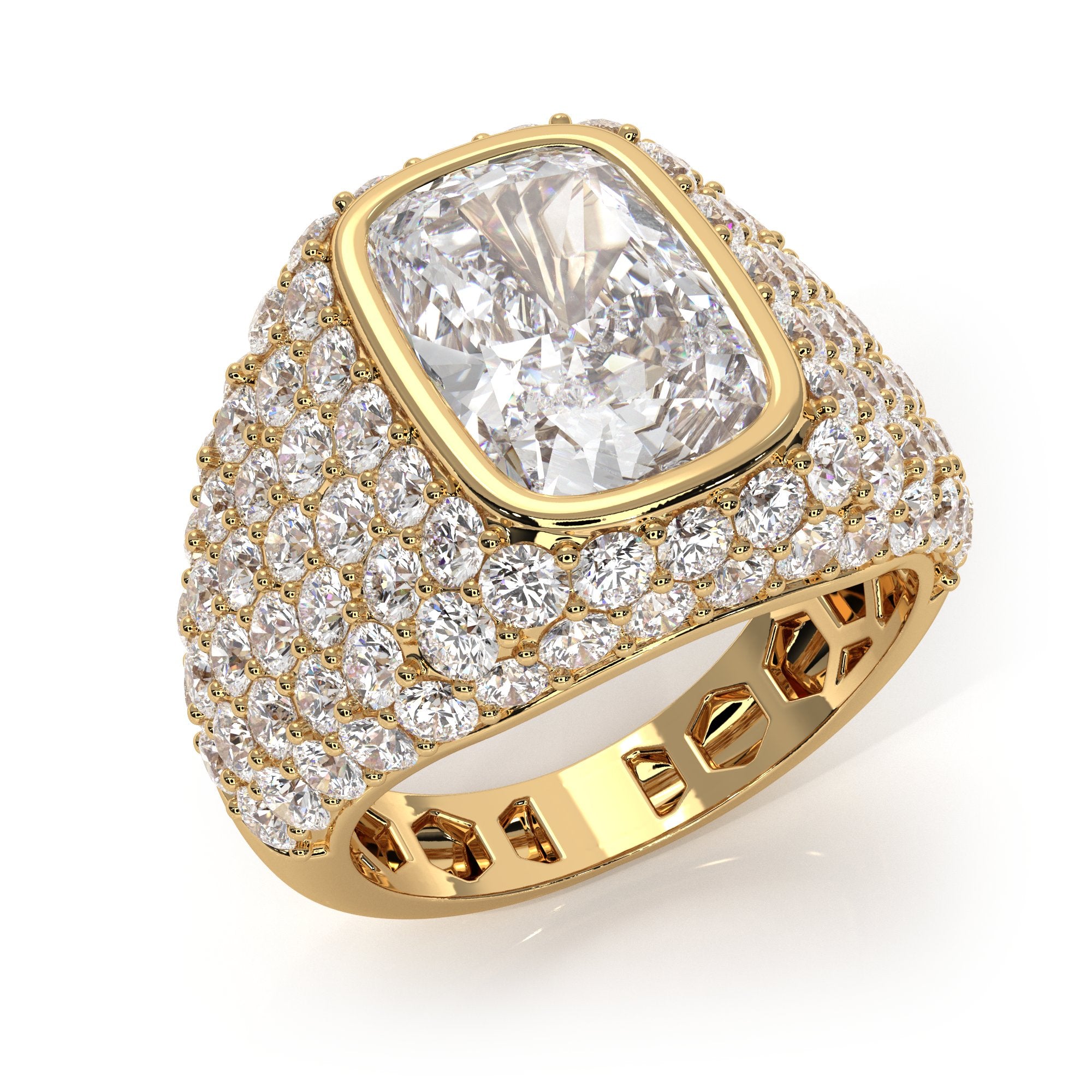 Cushion Diamond Dome Men's Cocktail Ring 14K White Gold IGI Certified 8.56ctw