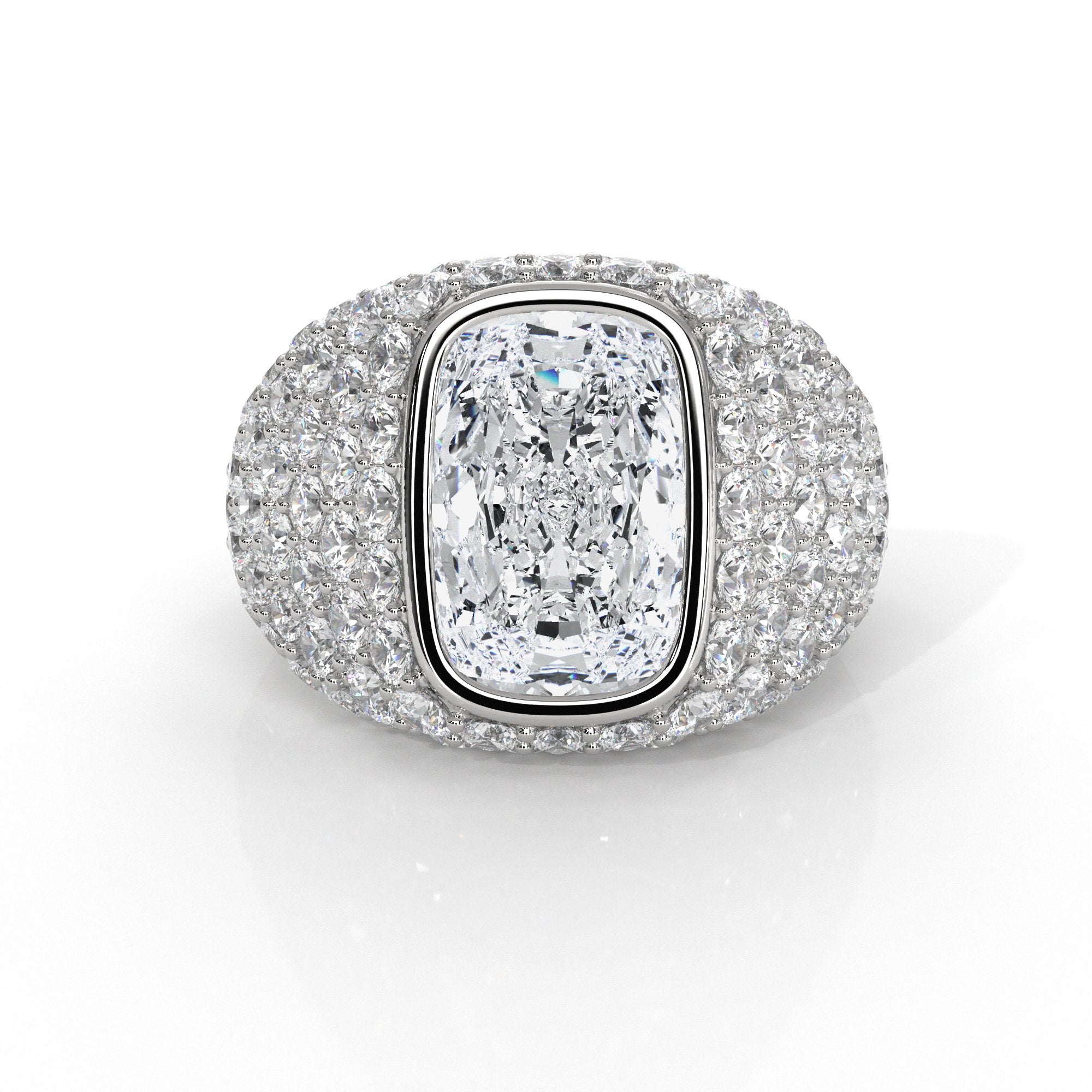 Cushion Diamond Dome Men's Cocktail Ring 14K White Gold IGI Certified 8.56ctw