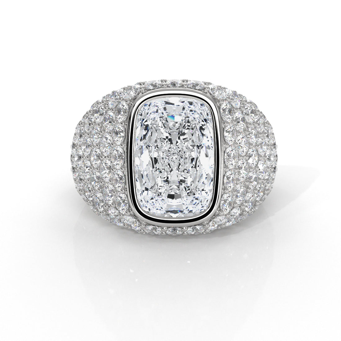 Cushion Diamond Dome Men's Cocktail Ring 14K White Gold IGI Certified 8.56ctw