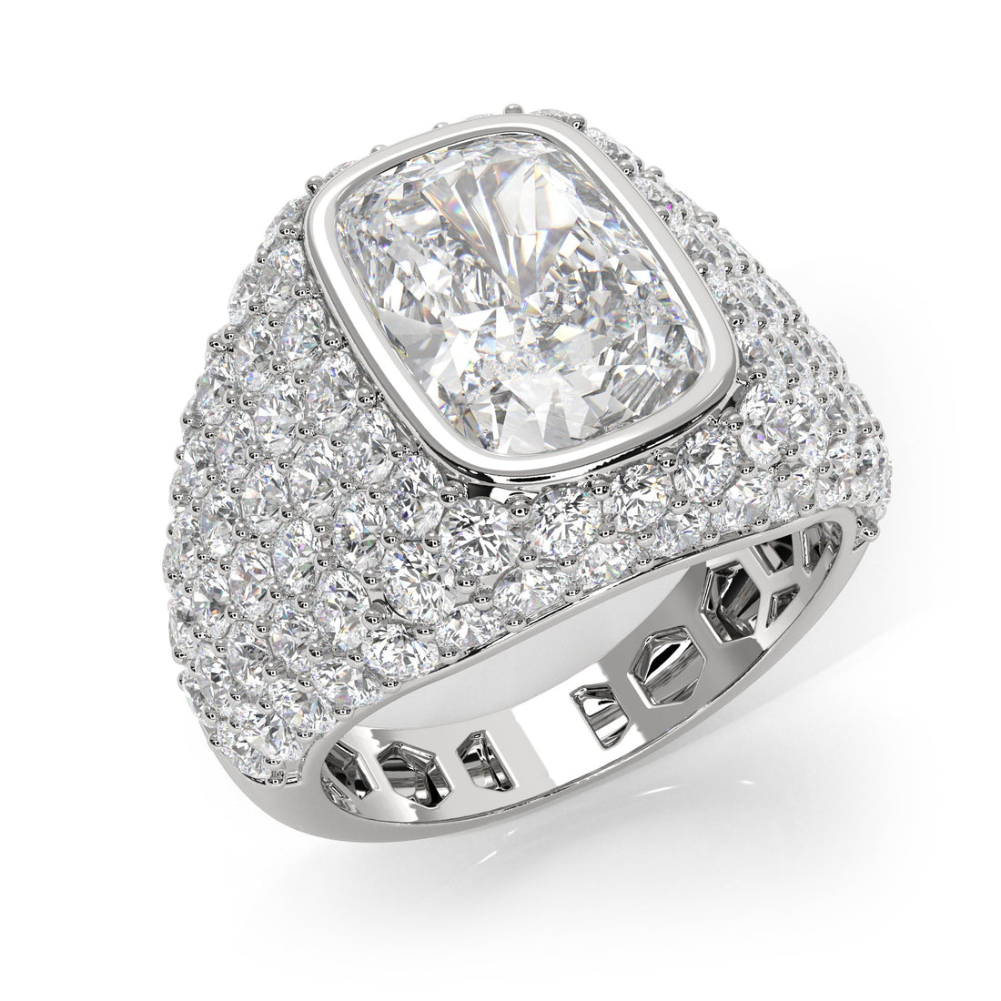 Cushion Diamond Dome Men's Cocktail Ring 14K White Gold IGI Certified 8.56ctw