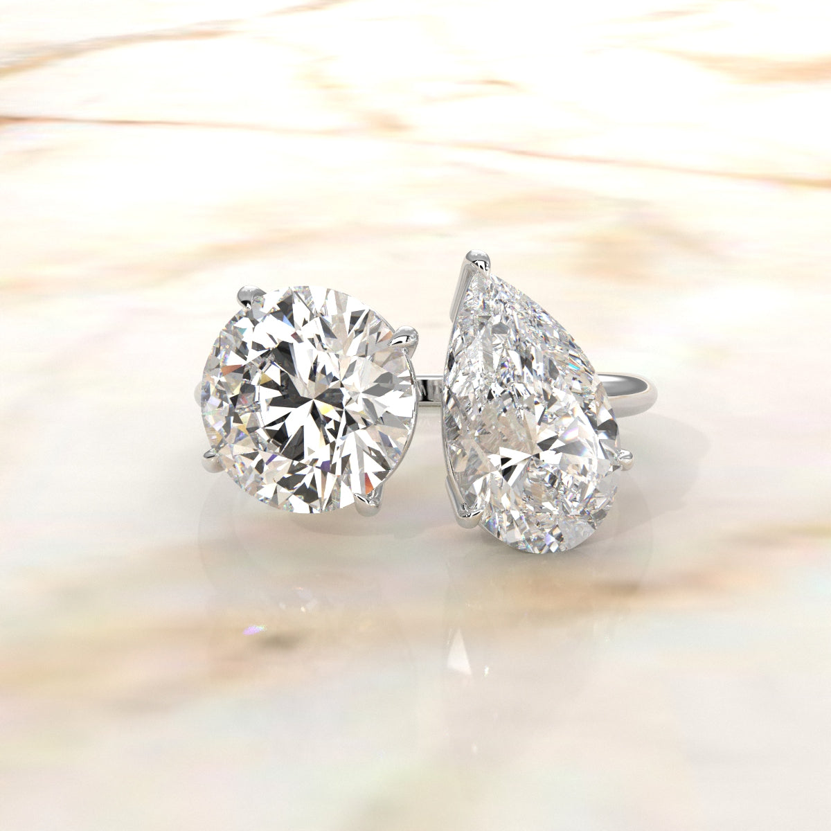 2Stone Round Pear Diamond Engagement Prong Set 14K White Gold 4.58 Ctw.