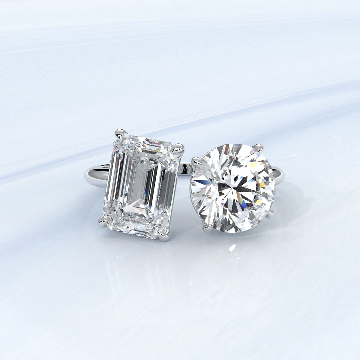 2 Stone Emerald Round Diamond Engagement Prong Set 14K White Gold 4.08 Ctw.