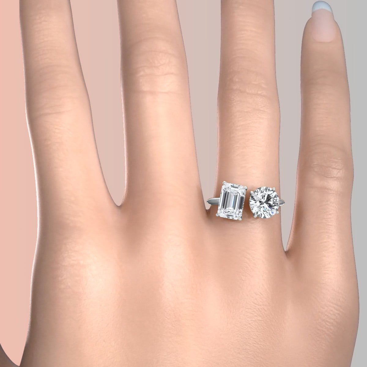 2 Stone Emerald Round Diamond Engagement Prong Set 14K White Gold 4.08 Ctw.