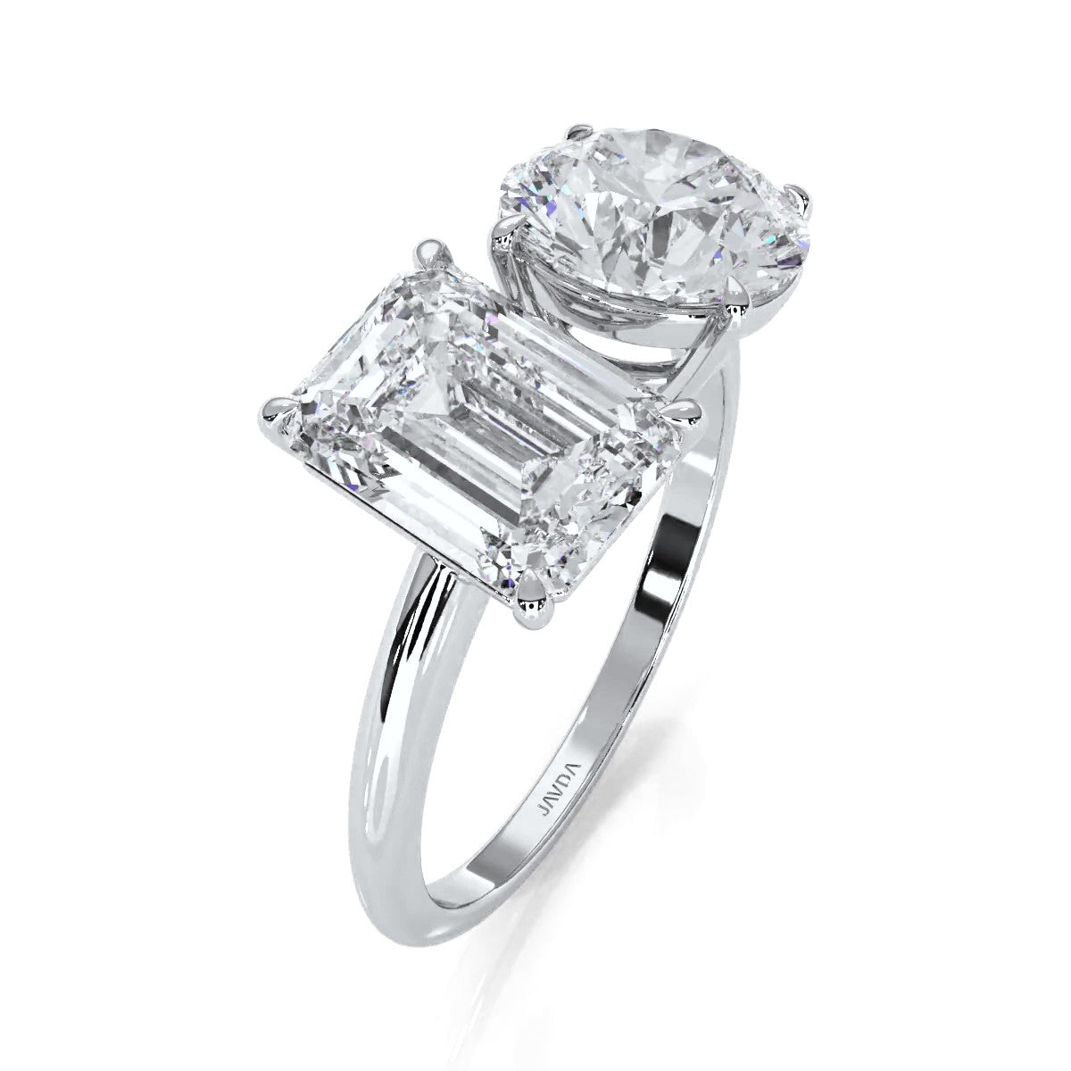 2 Stone Emerald Round Diamond Engagement Prong Set 14K White Gold 4.08 Ctw.