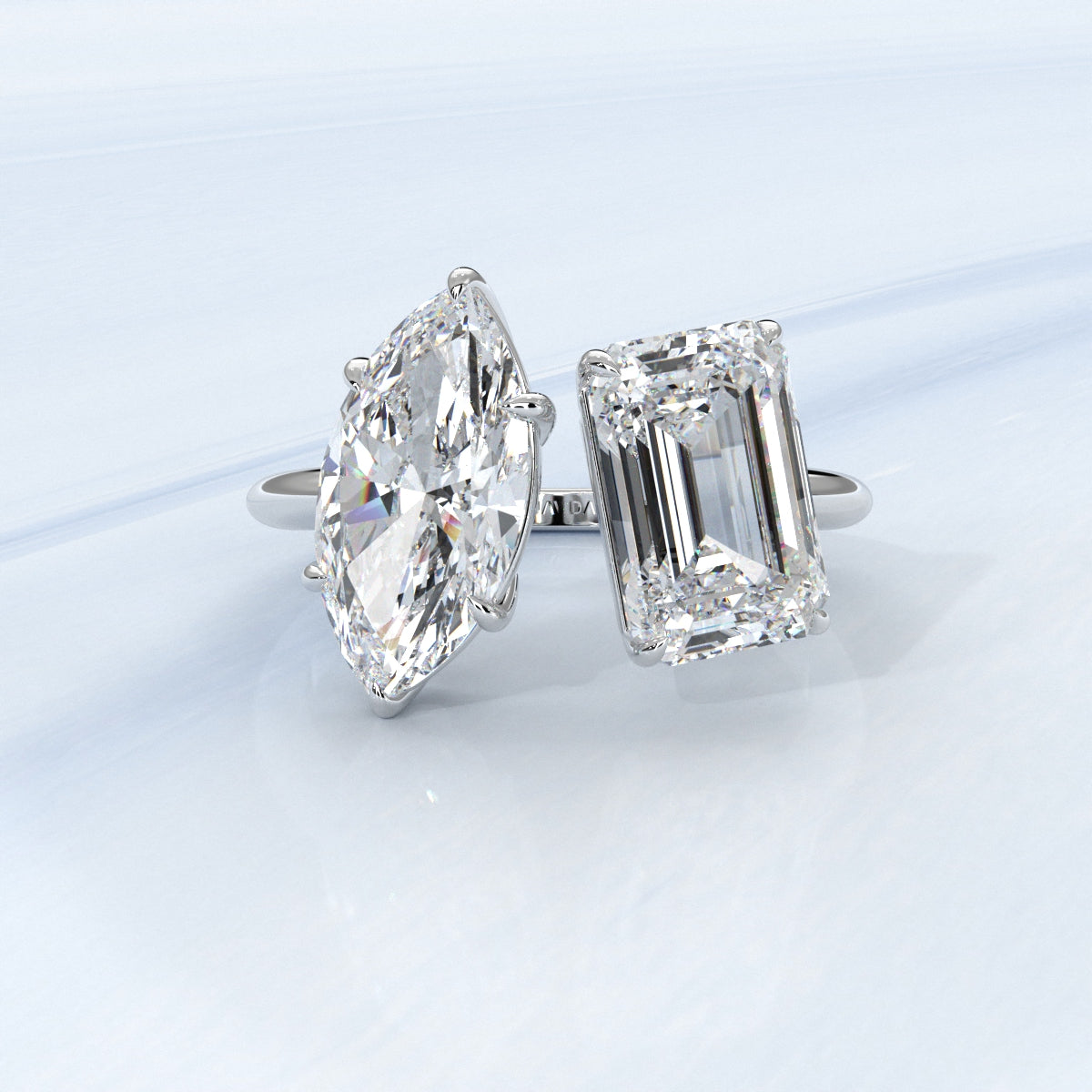 2 Stone Marquise Emerald Cut Diamond Engagement Prong Set Ring 14k White Gold 4.54 Ctw.