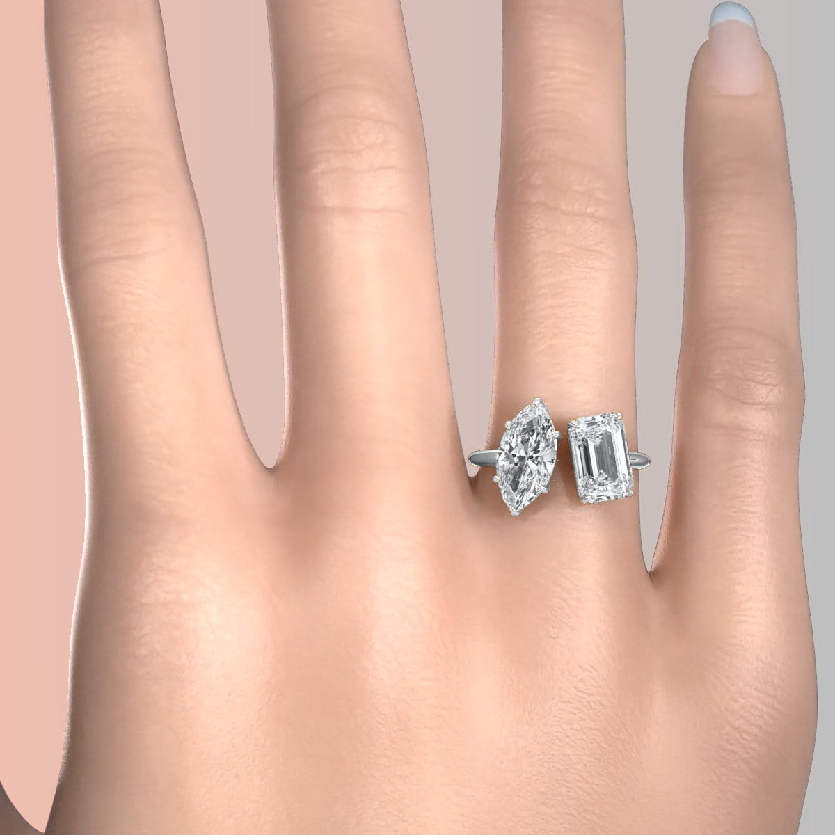 2 Stone Marquise Emerald Cut Diamond Engagement Prong Set Ring 14k White Gold 4.54 Ctw.