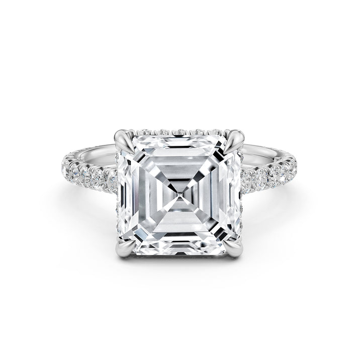 French U Pave Set Hidden Halo Lab Grown Diamond Asscher Engagement Ring