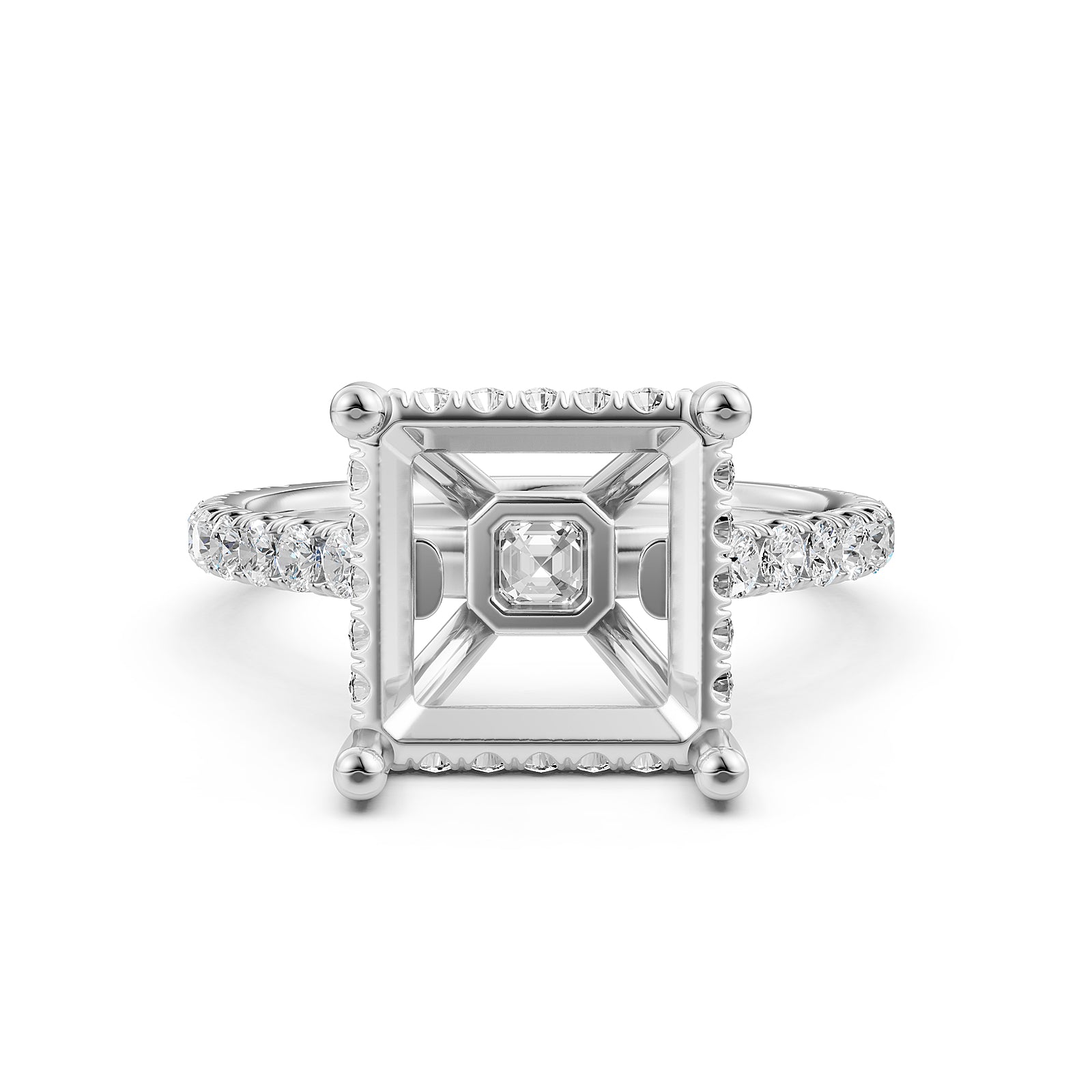 French U Pave Set Hidden Halo Lab Grown Diamond Semi Mount Engagement Ring 0.52 Ct.