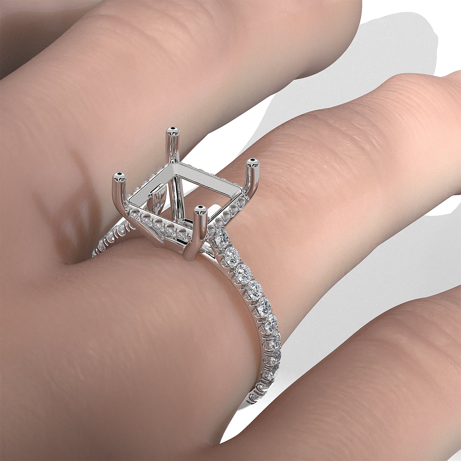 French U Pave Set Hidden Halo Lab Grown Diamond Semi Mount Engagement Ring 0.52 Ct.