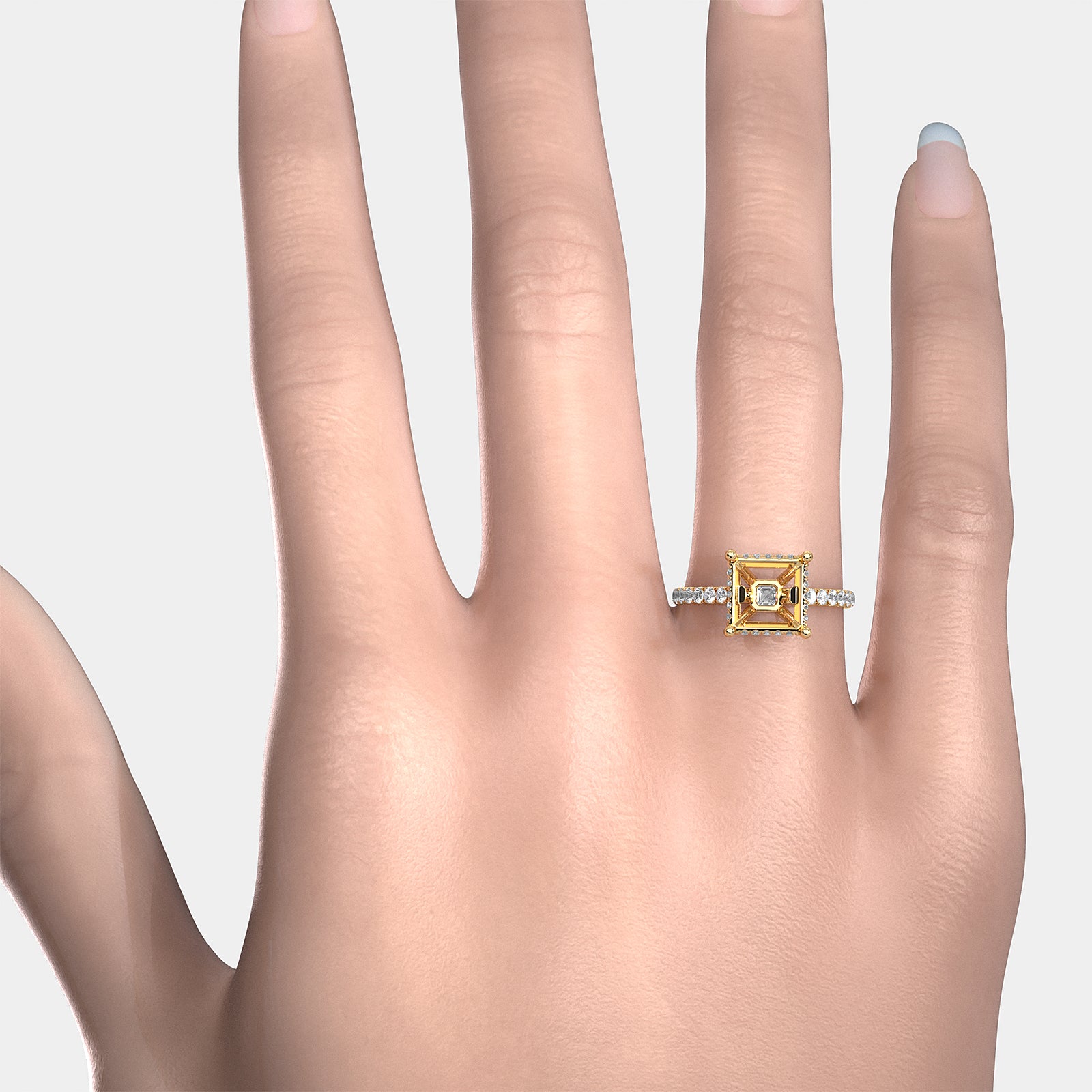 French U Pave Set Hidden Halo Lab Grown Diamond Semi Mount Engagement Ring 0.52 Ct.