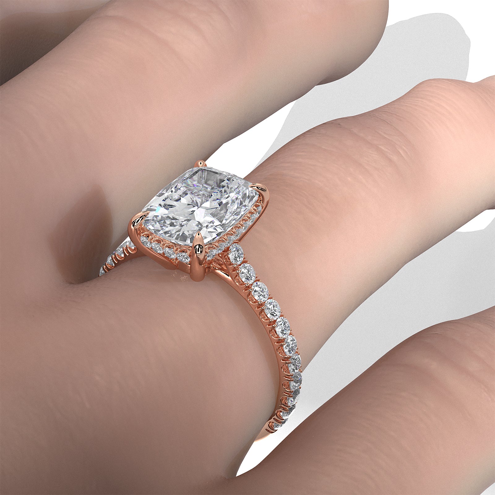 French U Pave Set Hidden Halo Lab Grown Diamond Engagement Ring IGI Certified 3.52 Ctw.