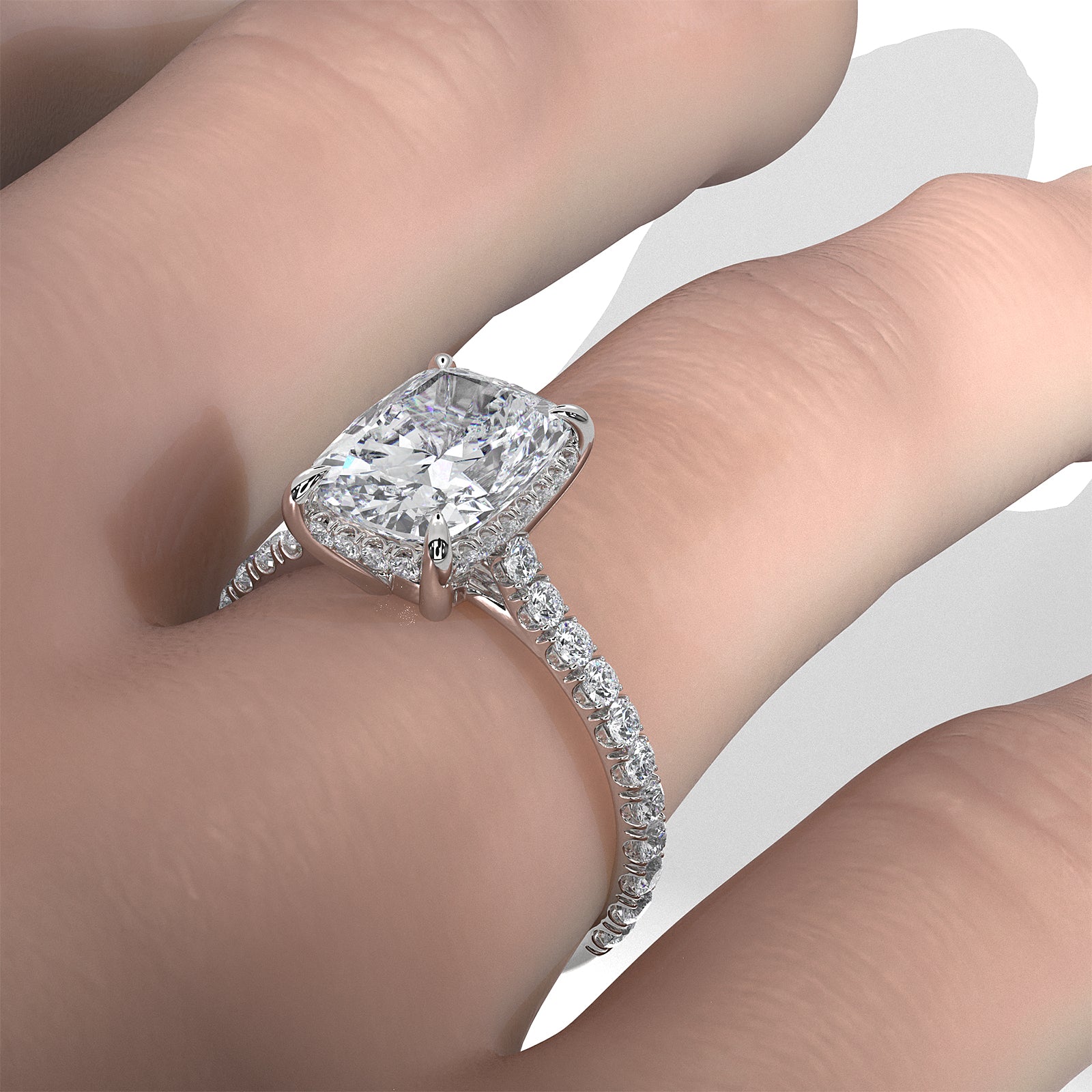 French U Pave Set Hidden Halo Lab Grown Diamond Engagement Ring IGI Certified 3.52 Ctw.