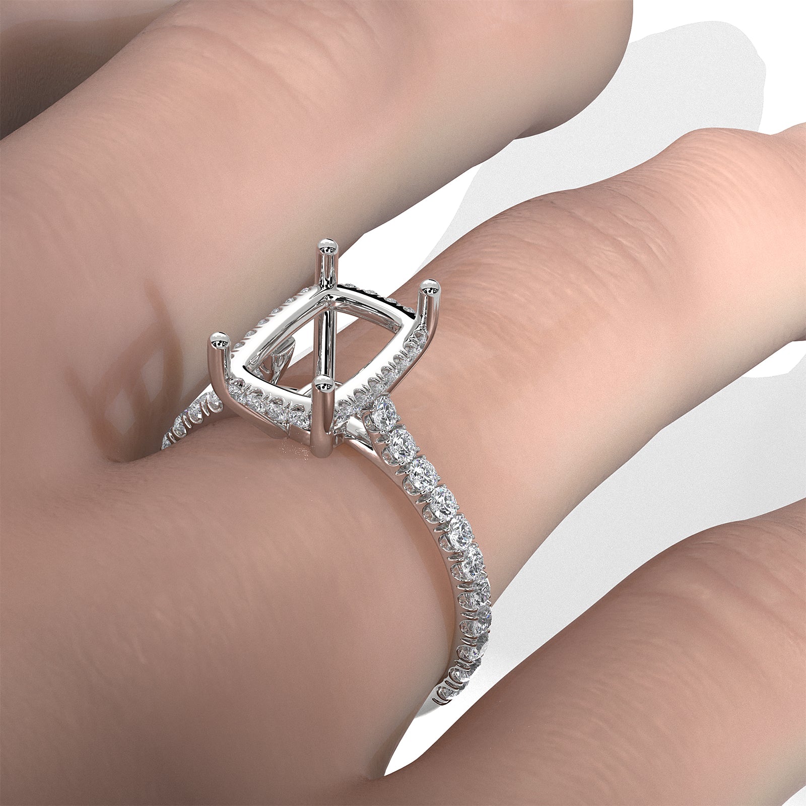 French U Pave Set Hidden Halo Lab Grown Diamond Semi Mount Engagement Ring 0.52 Ct.