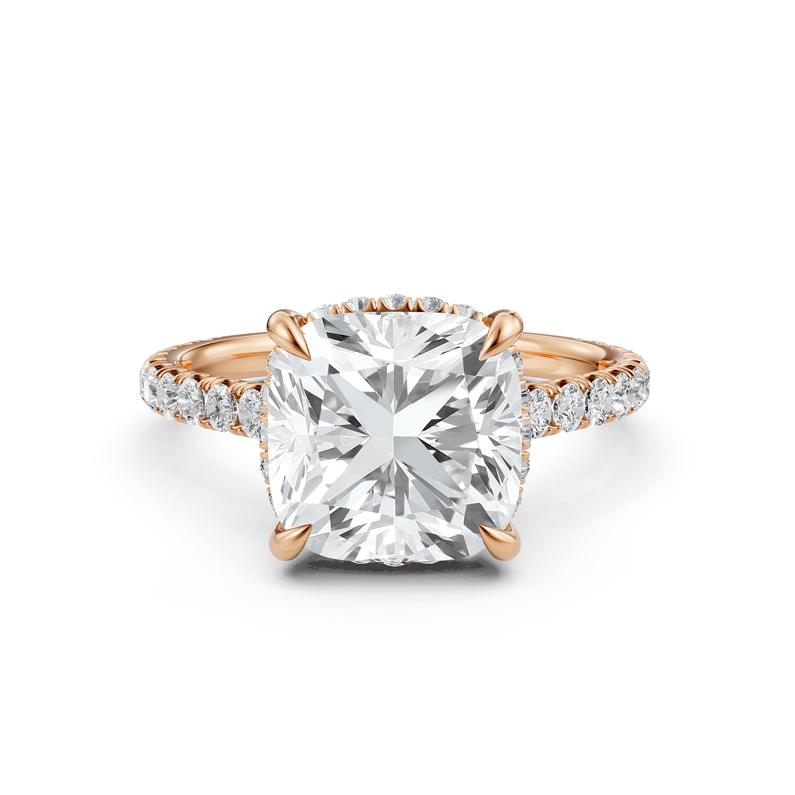 French U Pave Hidden Halo Lab Grown Diamond Cushion Cut Engagement Ring