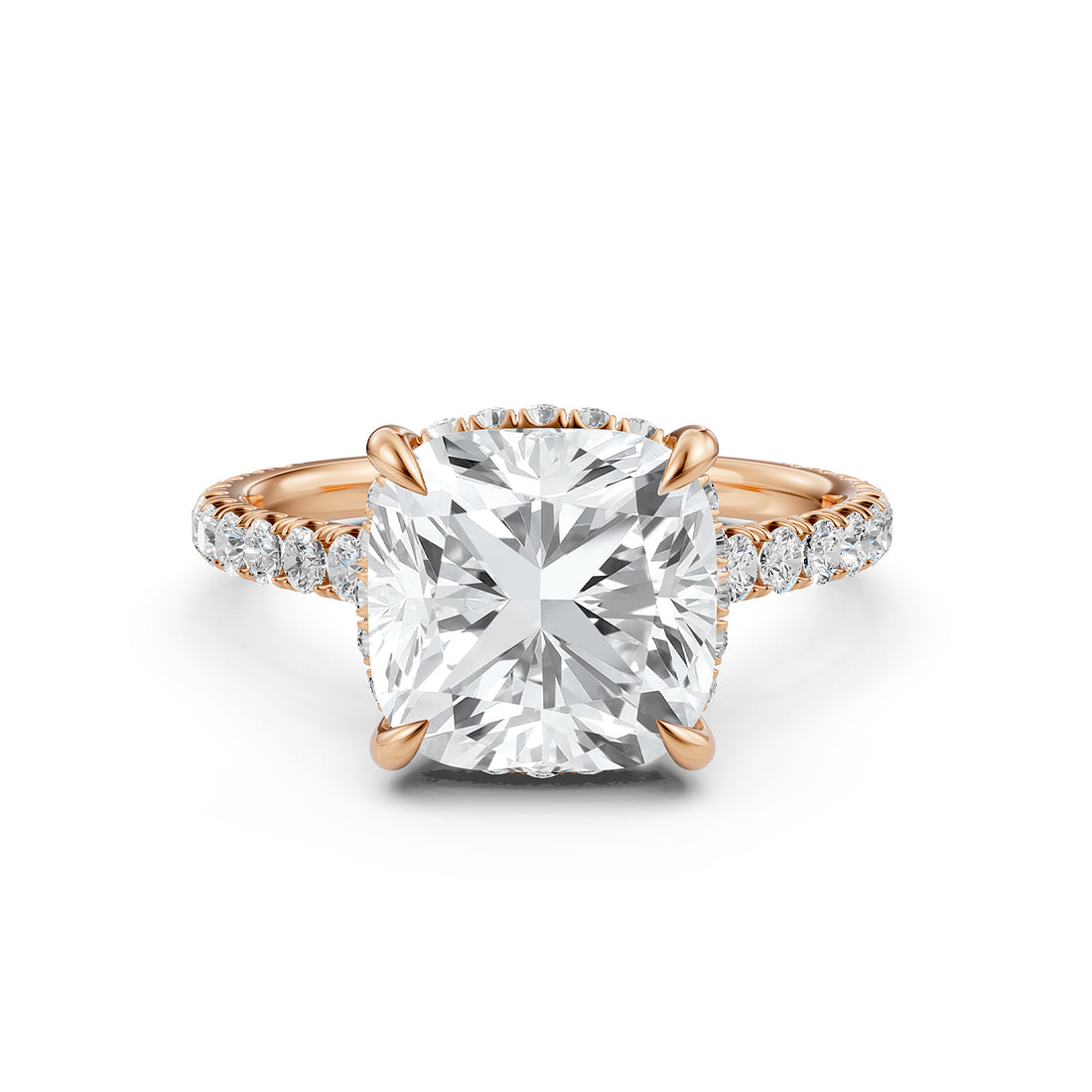 French U Pave Hidden Halo Lab Grown Diamond Cushion Cut Engagement Ring