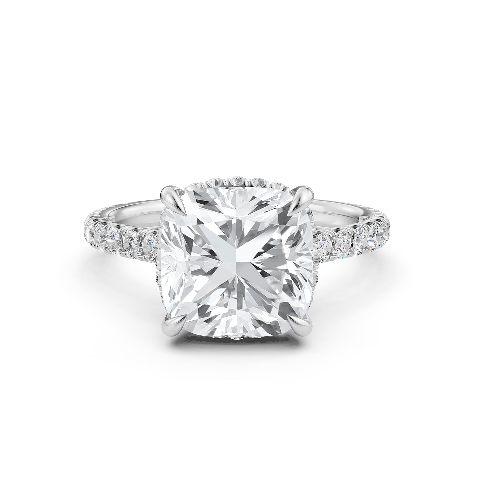 French U Pave Hidden Halo Lab Grown Diamond Cushion Cut Engagement Ring