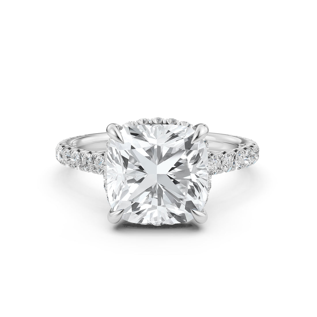 French U Pave Hidden Halo Lab Grown Diamond Cushion Cut Engagement Ring