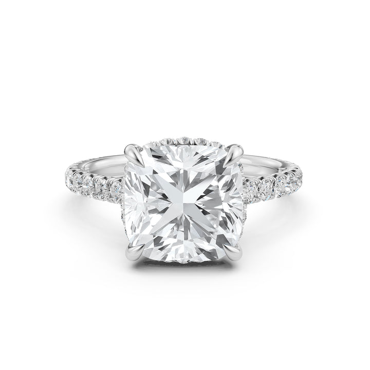 French U Pave Hidden Halo Lab Grown Diamond Cushion Cut Engagement Ring