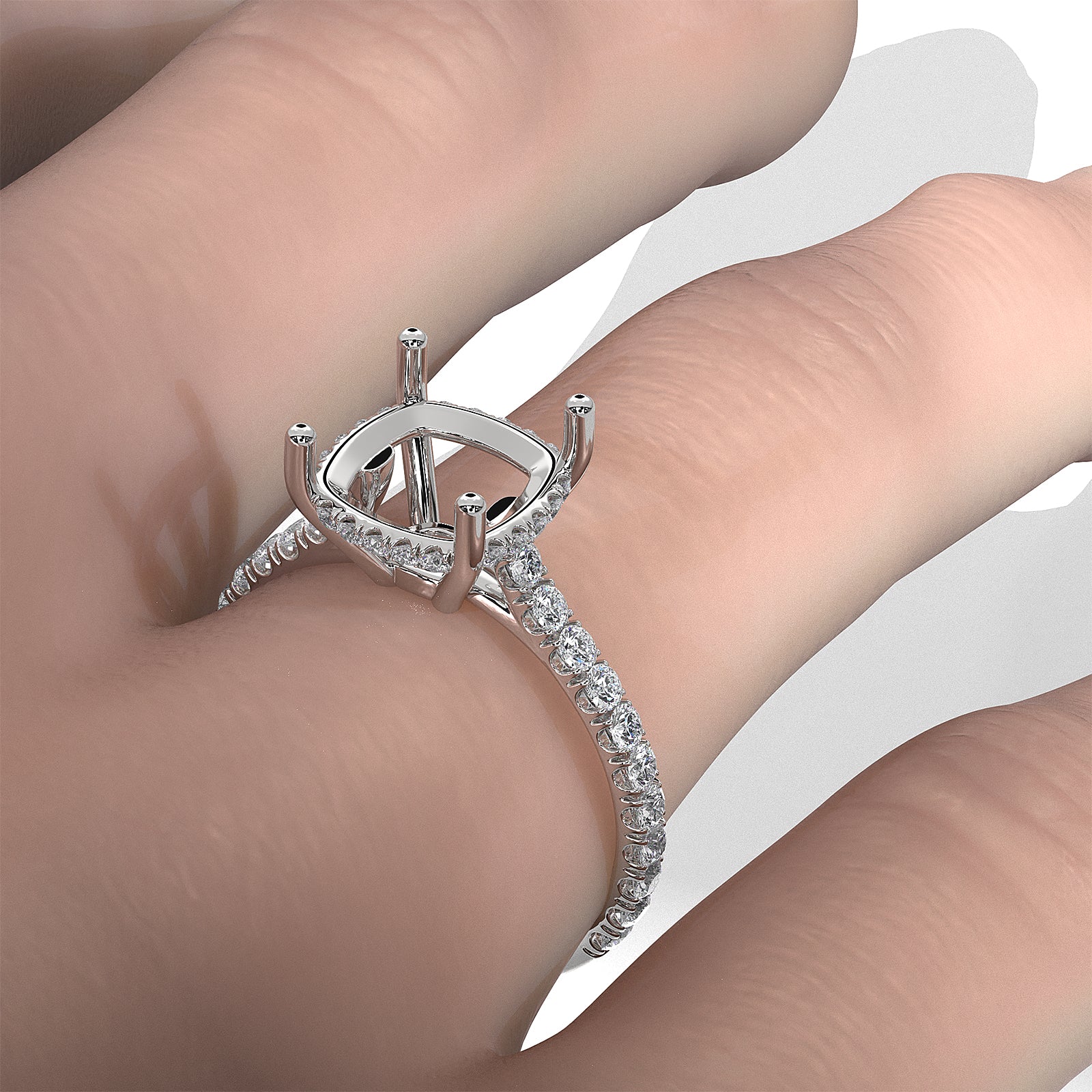 French U Pave Set Hidden Halo Lab Grown Diamond Semi Mount Engagement Ring 0.52 Ct.