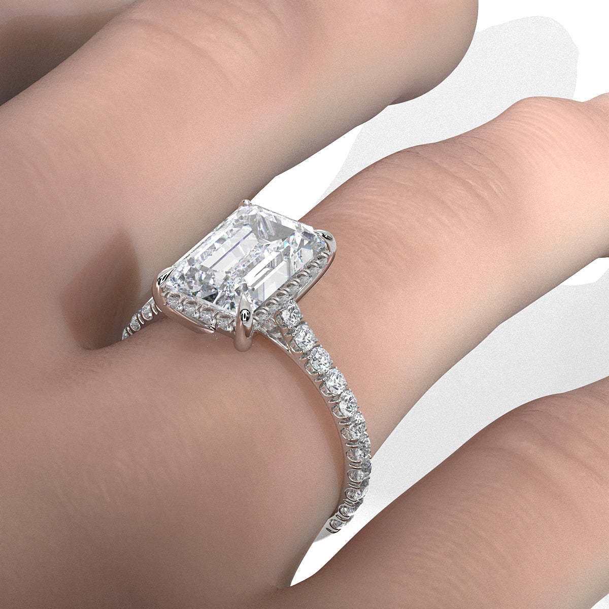 French U Pave Set Hidden Halo Lab Grown Diamond Engagement Ring IGI Certified 3.52 Ctw.