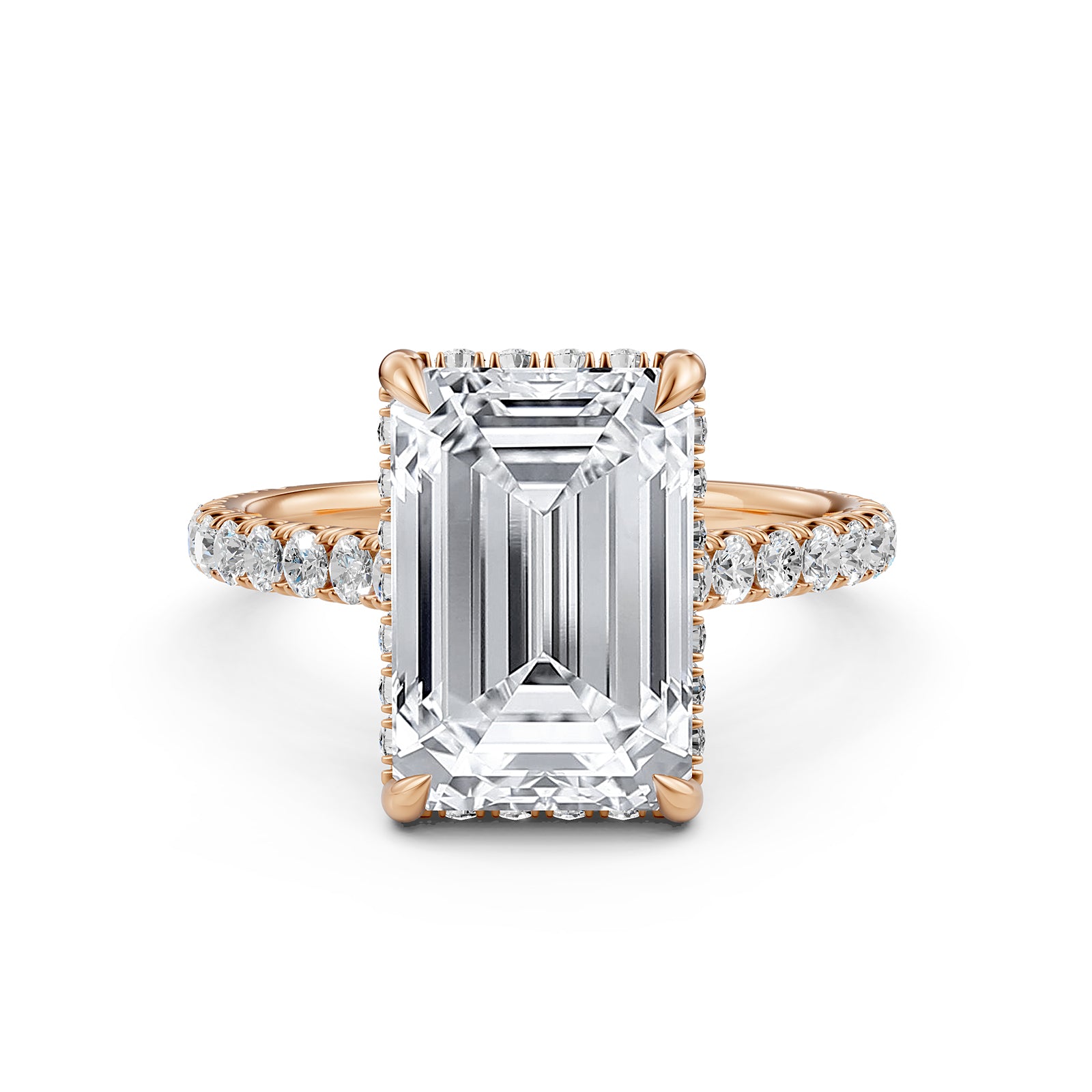 French U Pave Set Hidden Halo Lab Grown Diamond Emerald Engagement Ring