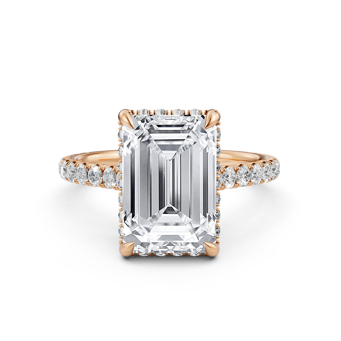 French U Pave Set Hidden Halo Lab Grown Diamond Emerald Engagement Ring