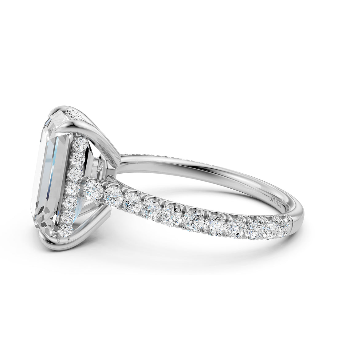 French U Pave Set Hidden Halo Lab Grown Diamond Emerald Engagement Ring