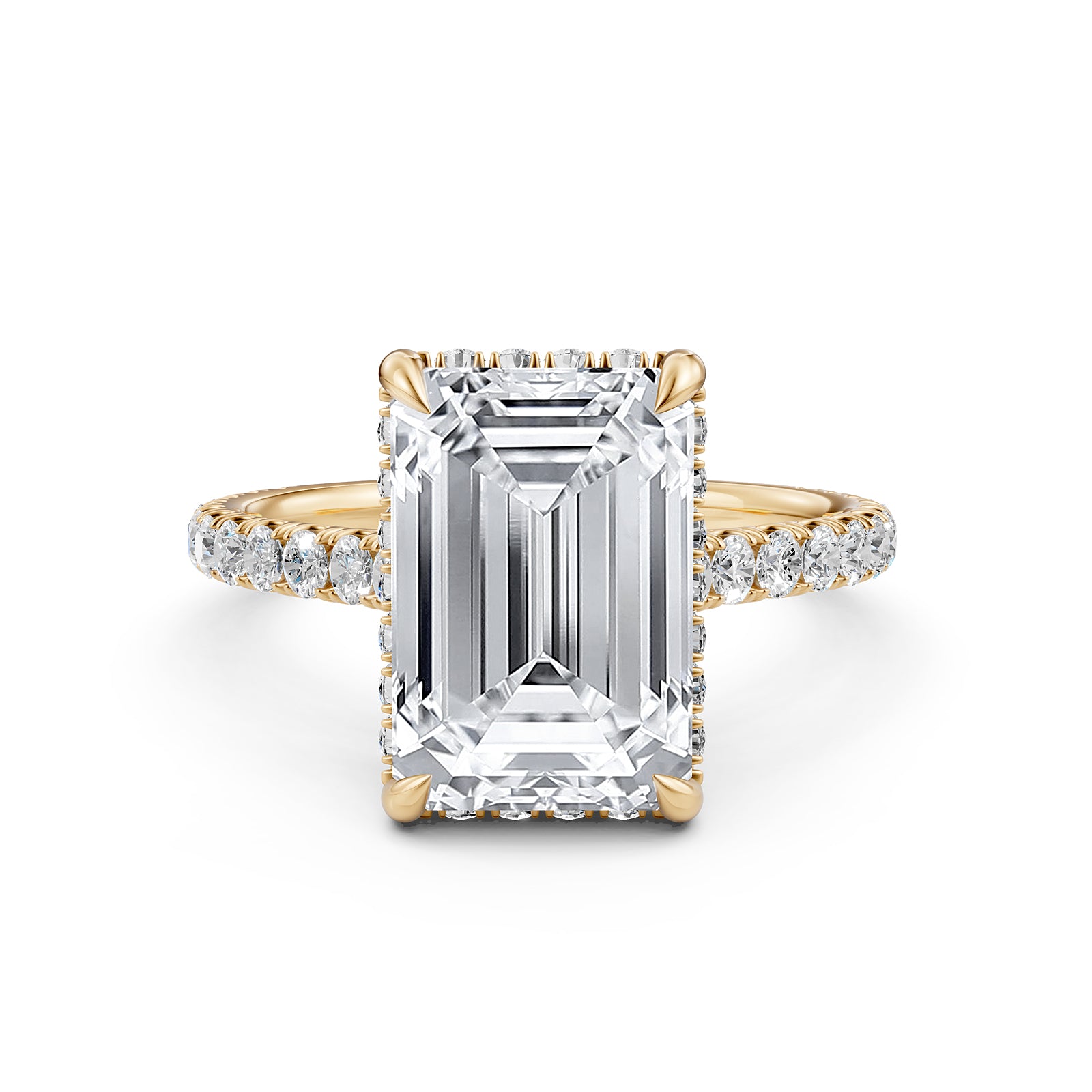 French U Pave Set Hidden Halo Lab Grown Diamond Emerald Engagement Ring