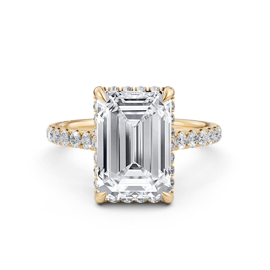 French U Pave Set Hidden Halo Lab Grown Diamond Emerald Engagement Ring