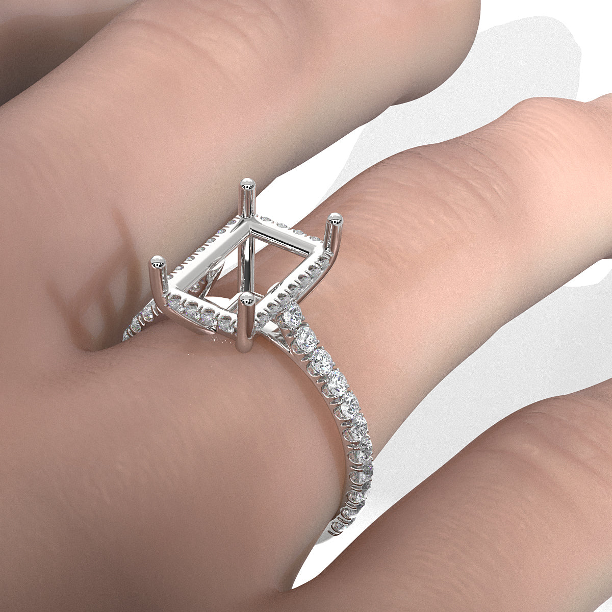 French U Pave Set Hidden Halo Lab Grown Diamond Semi Mount Engagement Ring 0.52 Ct.